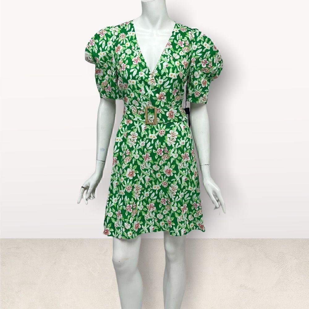 Milk & Honey Green Print Puff Sleeves Dress‎